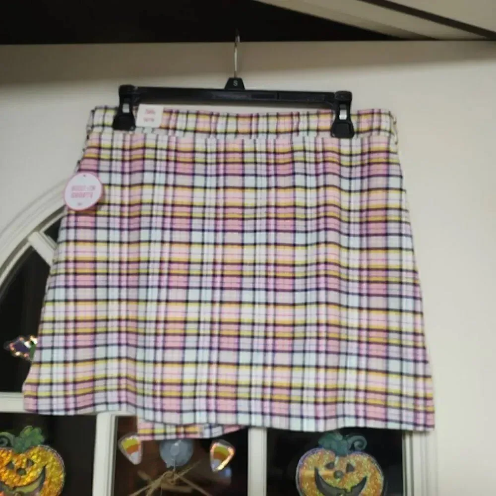 New Justice Pink Multi-Color Plaid Skort Built In Shorts Size Girl's 16/18